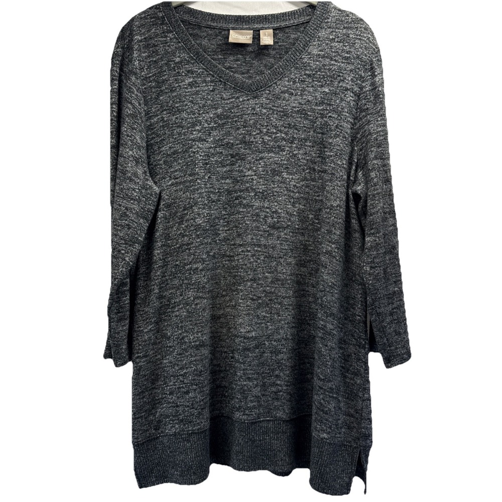 Chicos Womens Tunic Sweater Top Size Medium Solid Gray 3/4 Sleeves Pullover Knit